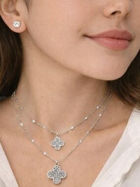 Clover Pendant Layered Necklace & Earrings Set Silver or Gold